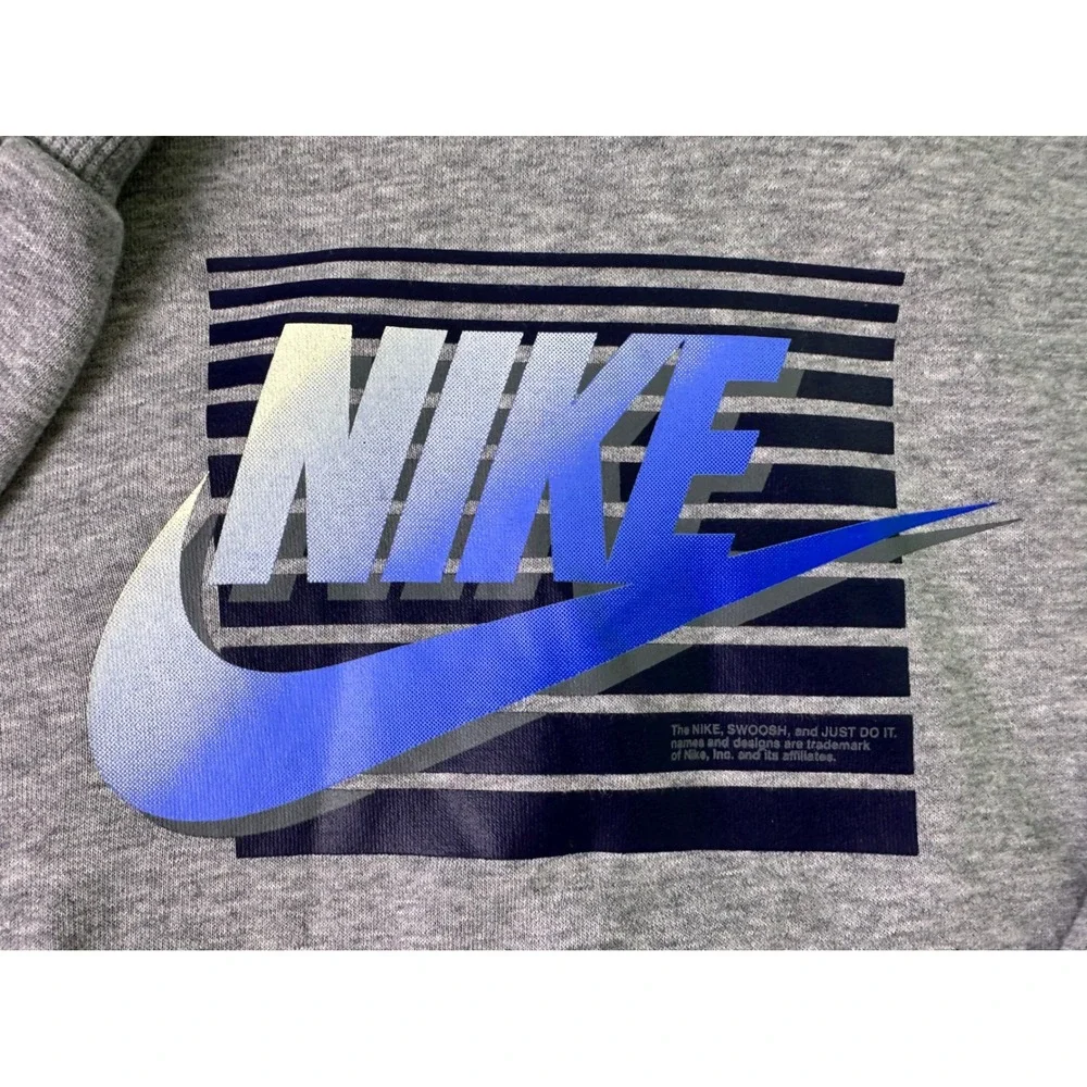 NIKE Pullover Hoodie Boys Grey Heather Blue Striped Swoosh Logo Fleece Size 7 LG